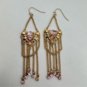 Gold Tone Pink Crystal Chain Fringe Dangle Earrings Boho Glam Statement